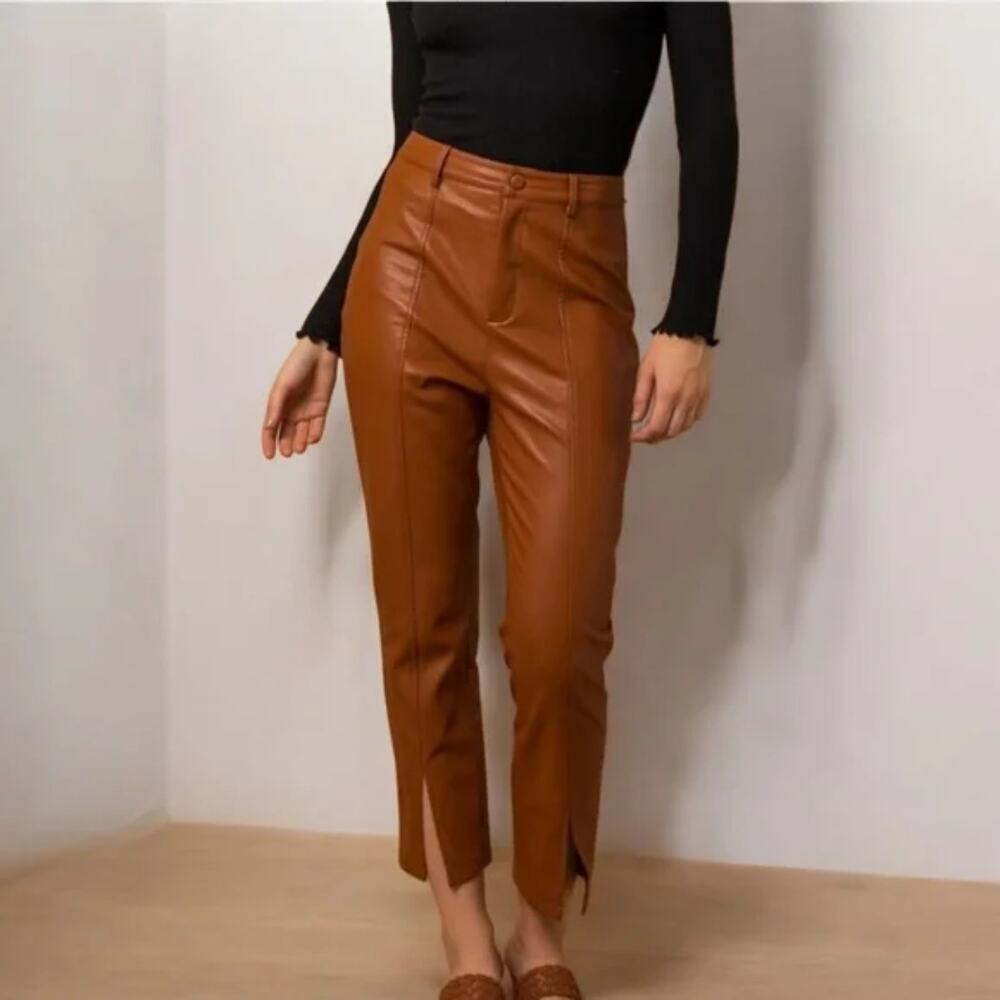***NWT Jason Wu Brown High Waist Split Hem Vegan Leather Pants Size L Cropped